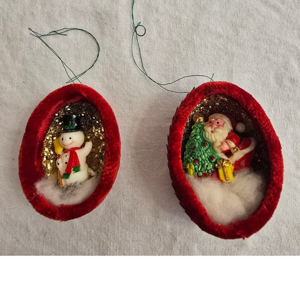 Vintage Christmas Egg Shell Ornament Diorama Santa and Snowman TWO (2) Miniature